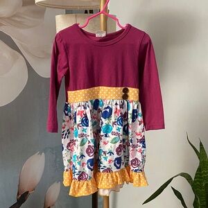 Girls Magenta Long-Sleeve Floral Tiered Dress with Yellow Accents sz M (3T)
